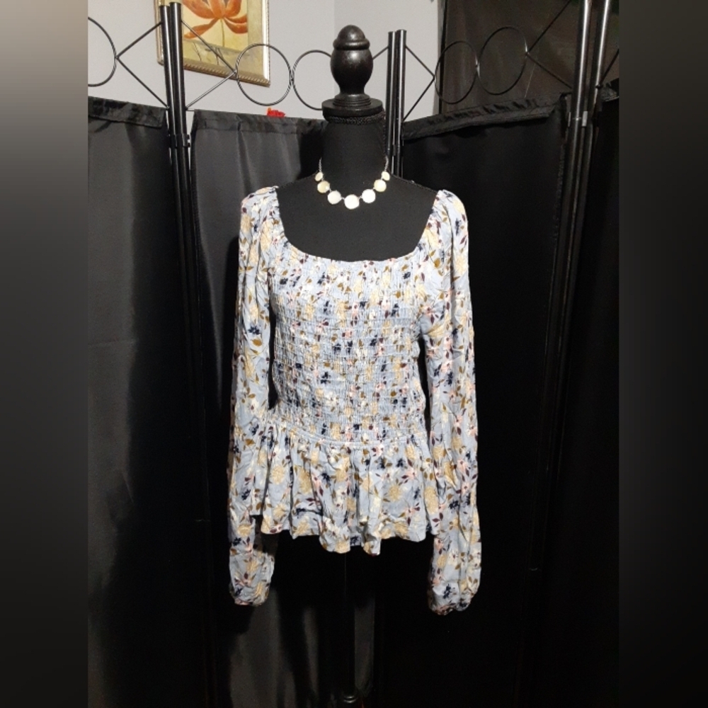 White Birch Women's Top Meshed Blue Floral Off Shoulders Blousen Sleeve Boho L